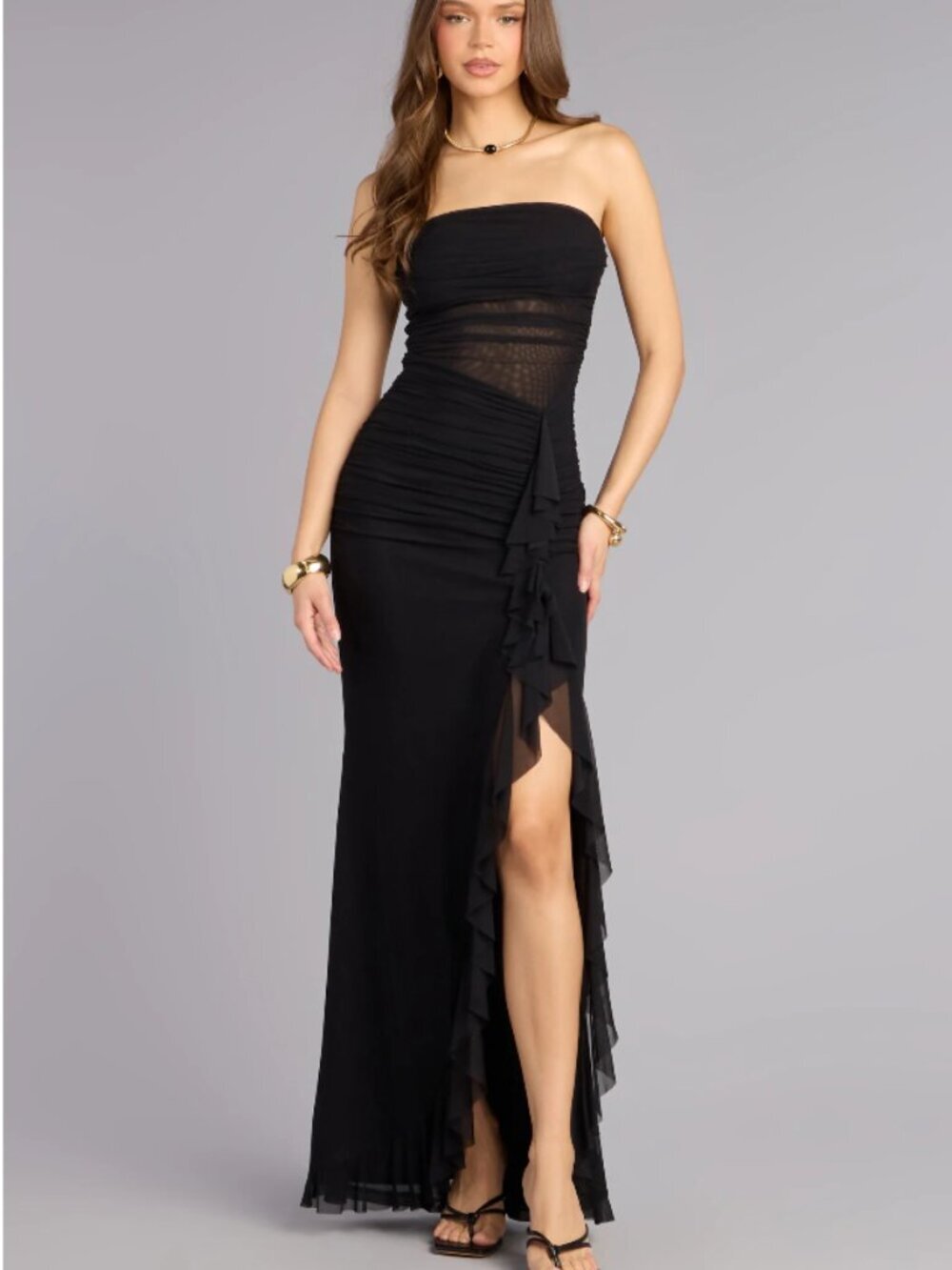 NWT Black Strapless Ruched Windsor Sienna Mesh Ruffle Slit Formal Dress Medium